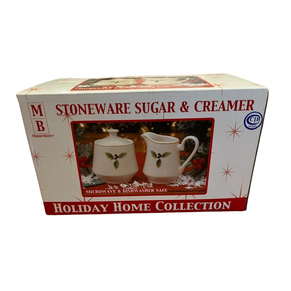 NEW IN BOX Merry Brite Stoneware Sugar & Creamer Holiday Home Collection 2002